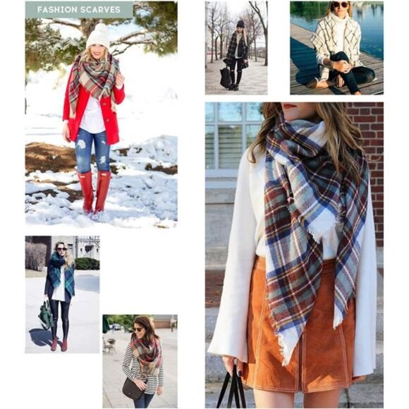 Plaid Print Oversized Blanket Scarf Tartan Checked Shawl Wrap Pashmina Red Cream - Picture 5 of 5